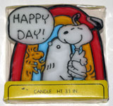 Snoopy & Woodstock dancing in front of rainbow 'Happy Day' Candle