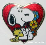 Snoopy & Woodstock with flowers in front of heart Pin