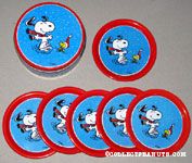Snoopy and Woodstock dancing in winter clothes Set of 6 Coasters with Tin