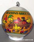 Snoopy and Woodstock elves making toys Satin Ball Ornament